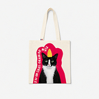 Beige and Red Cotton Tote Bag - CatCorn - Cat Games